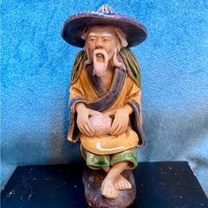 Chinese Mud Man Figurine Hat Signed CHINA Vintage